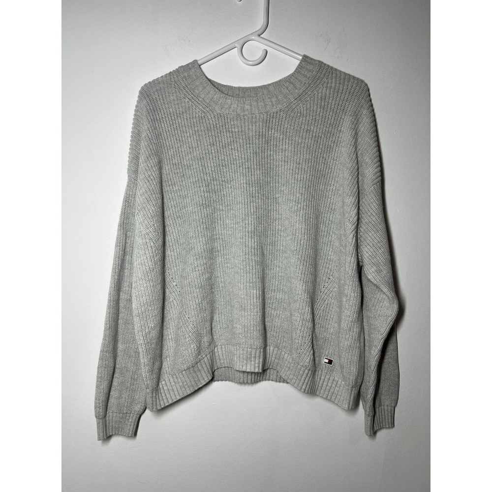 Tommy Hilfiger Women's Gray Knit Crew Neck Pullover Sweater w/Logo Sz Large